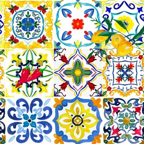 Mediterranean tiles,majolica,mosaic art,lemons,chilli peppers 