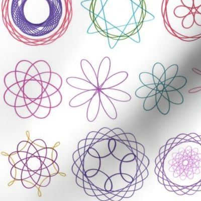 Circular spiral line art, blue, red, green, purple on white