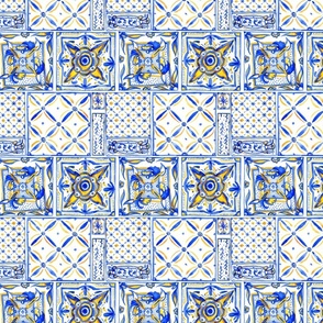 Watercolor geometric ornament, square yellow and blue tile