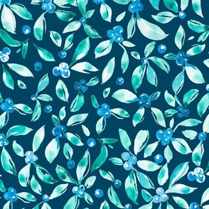 Blueberries on teal, large scale