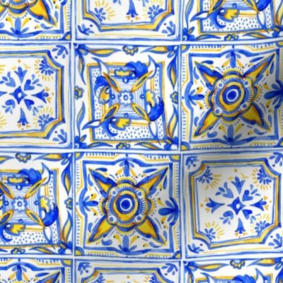 Geometric watercolor ornament blue yellow tile
