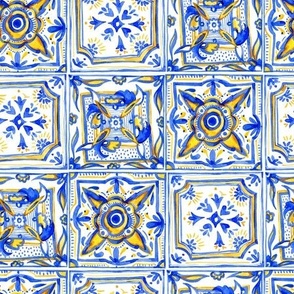Geometric watercolor ornament blue yellow tile