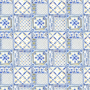 Geometric watercolor ornament blue yellow tile