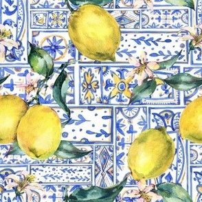 Summer lemon watercolor ornament blue yellow tile