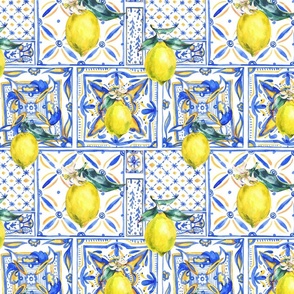 Summer lemon watercolor ornament blue yellow tile