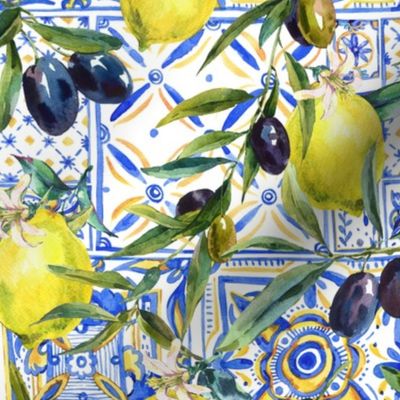 Olive lemons summer watercolor ornament blue yellow tile