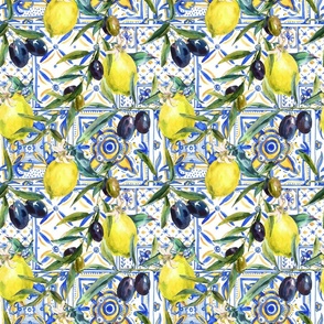 Olive lemons summer watercolor ornament blue yellow tile