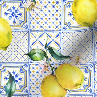 Summer lemon watercolor ornament blue yellow tile