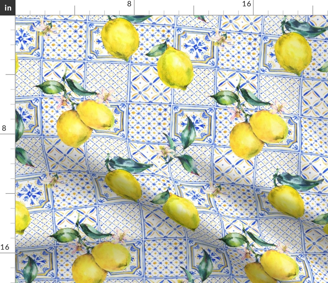 Summer lemon watercolor ornament blue yellow tile