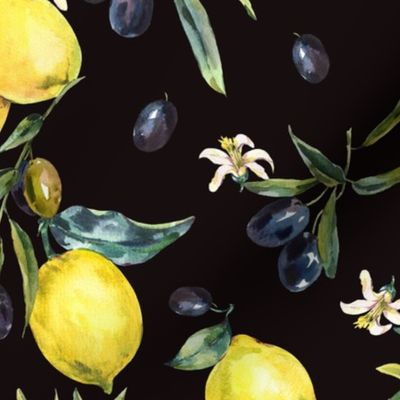 Watercolor olive and lemons on black