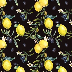 Watercolor olive and lemons on black