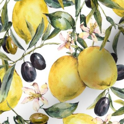 Watercolor lemon and olive summer fruit