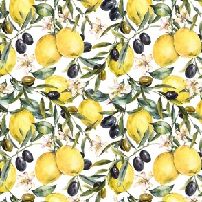 Watercolor lemon and olive summer fruit