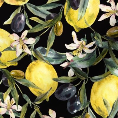 Watercolor blooming lemon and olives on black