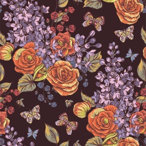 Lilac and blooming vintage rores on black