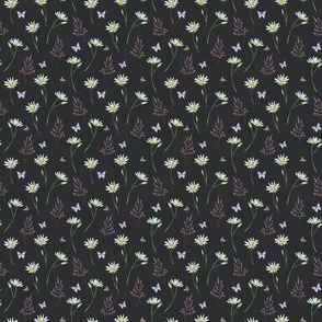 Watercolor chamomile romantic flowers on black
