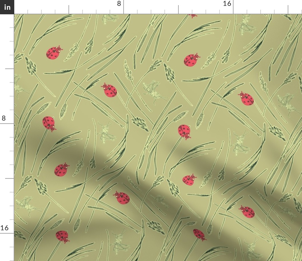 Abstract summer meadow and ladybug motif seamless pattern