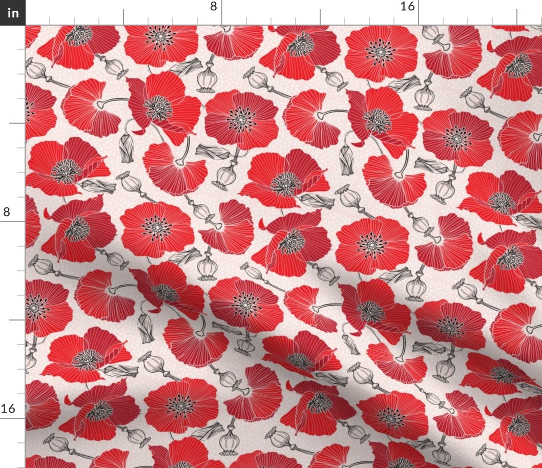 Scarlet red poppy flowers seamless pattern print