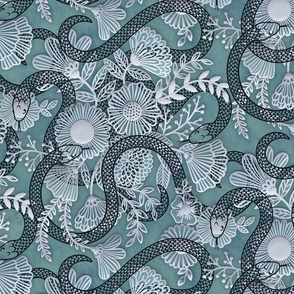 Snakes in the Garden Teal- Large- Faux Texture Papercut- Romantic Floral Wallpaper with Serpents- Maximalist Reptiles Lace Rotated