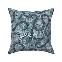 Snakes in the Garden Teal- Medium- Faux Texture Papercut- Romantic Floral Wallpaper with Serpents- Maximalist Reptiles Lace Rotated