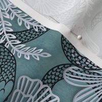 Snakes in the Garden Teal- Medium- Faux Texture Papercut- Romantic Floral Wallpaper with Serpents- Maximalist Reptiles Lace Rotated