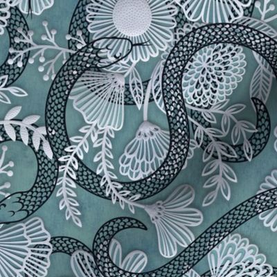 Snakes in the Garden Teal- Medium- Faux Texture Papercut- Romantic Floral Wallpaper with Serpents- Maximalist Reptiles Lace Rotated