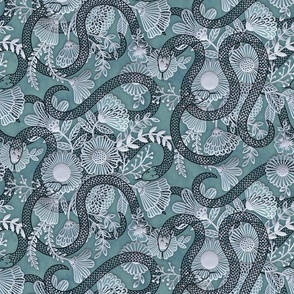 Snakes in the Garden Teal- Medium- Faux Texture Papercut- Romantic Floral Wallpaper with Serpents- Maximalist Reptiles Lace Rotated