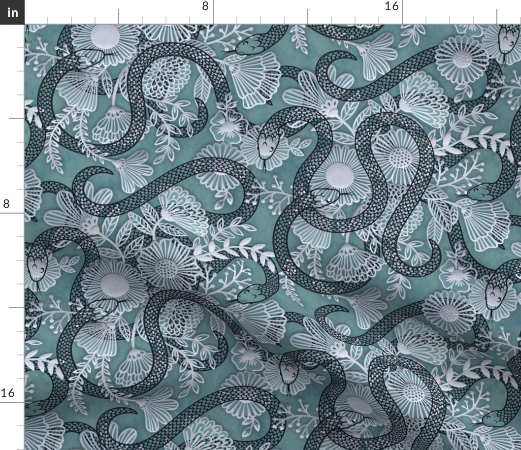 Snakes in the Garden Teal- Medium- Faux Texture Papercut- Romantic Floral Wallpaper with Serpents- Maximalist Reptiles Lace Rotated