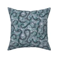 Snakes in the Garden Teal- Small- Faux Texture Papercut- Romantic Floral Wallpaper with Serpents- Maximalist Reptiles Lace Rotated