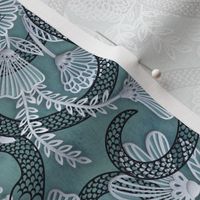 Snakes in the Garden Teal- Small- Faux Texture Papercut- Romantic Floral Wallpaper with Serpents- Maximalist Reptiles Lace Rotated