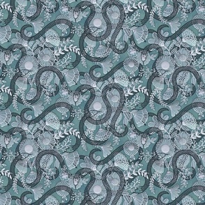 Snakes in the Garden Teal- Small- Faux Texture Papercut- Romantic Floral Wallpaper with Serpents- Maximalist Reptiles Lace Rotated