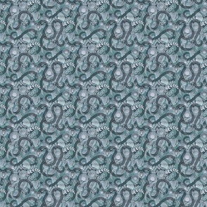 Snakes in the Garden Teal- Mini- Faux Texture Papercut- Romantic Floral Wallpaper with Serpents- Maximalist Reptiles Lace Rotated