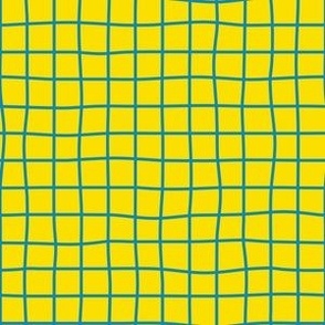 Whimsical Medium Blue Grid Lines on deep yellow. 