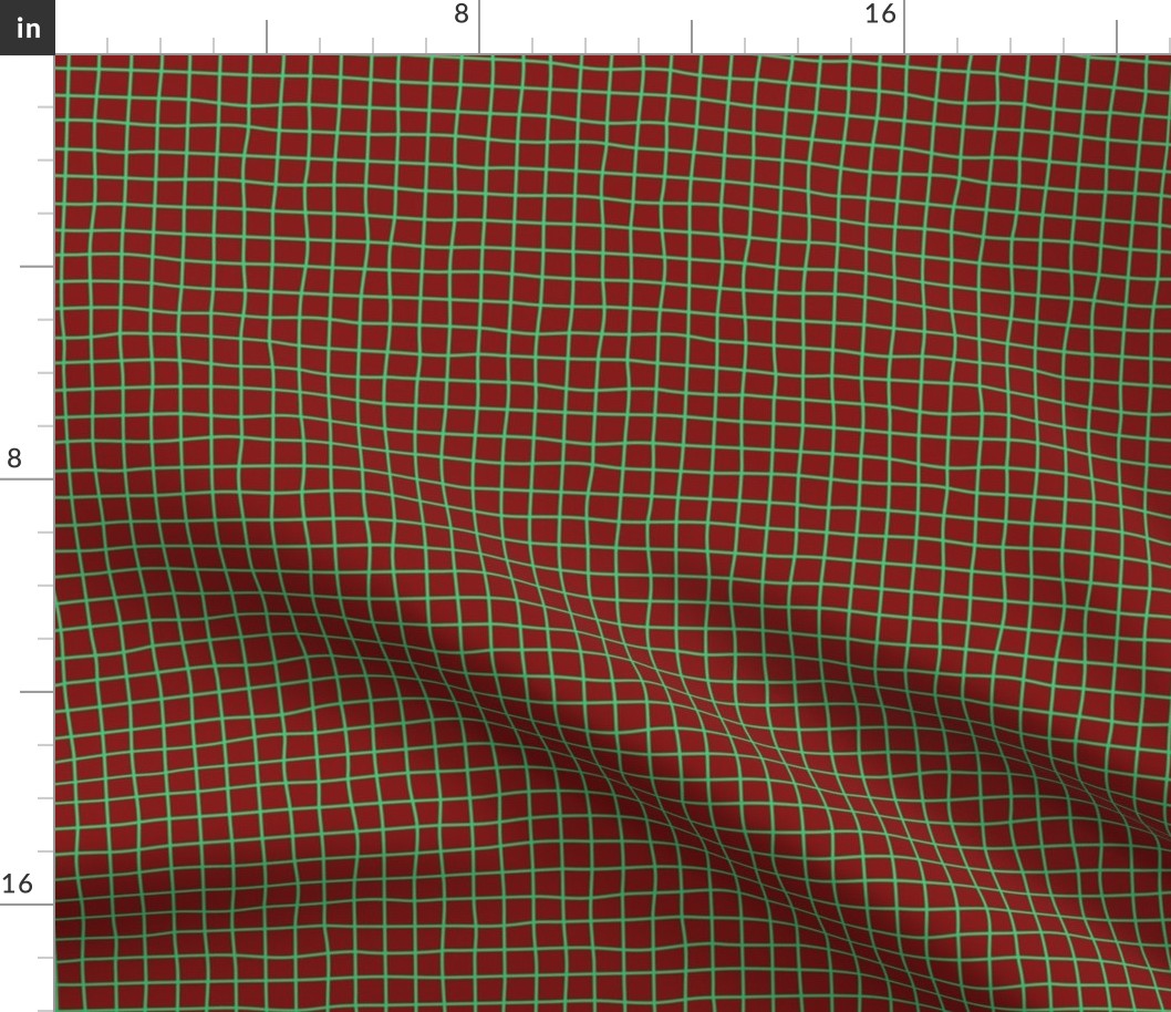 Christmas Whimsical Green Grid Lines on deep red