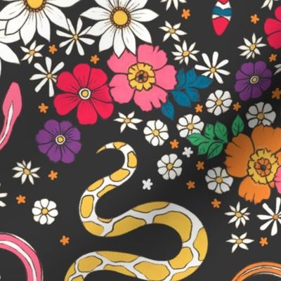 Slithering Serpents in Seventies Style Chintz - charcoal 