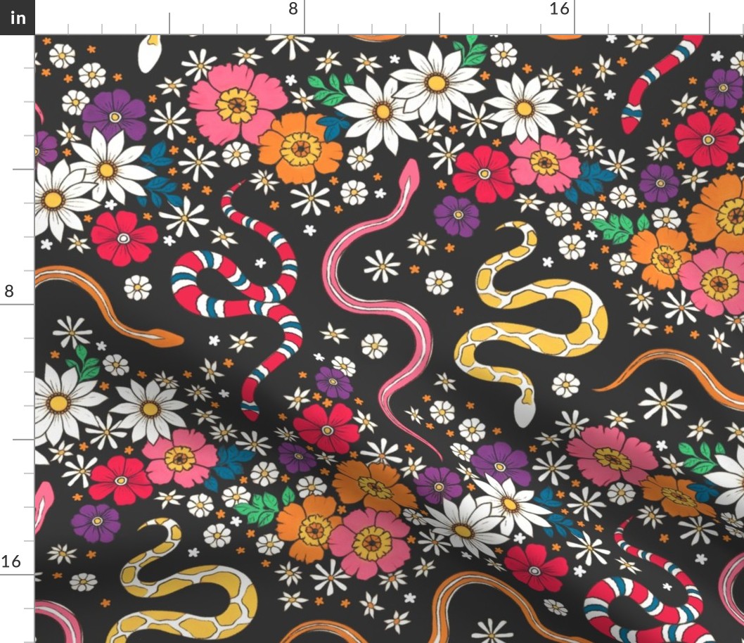 Slithering Serpents in Seventies Style Chintz - charcoal 