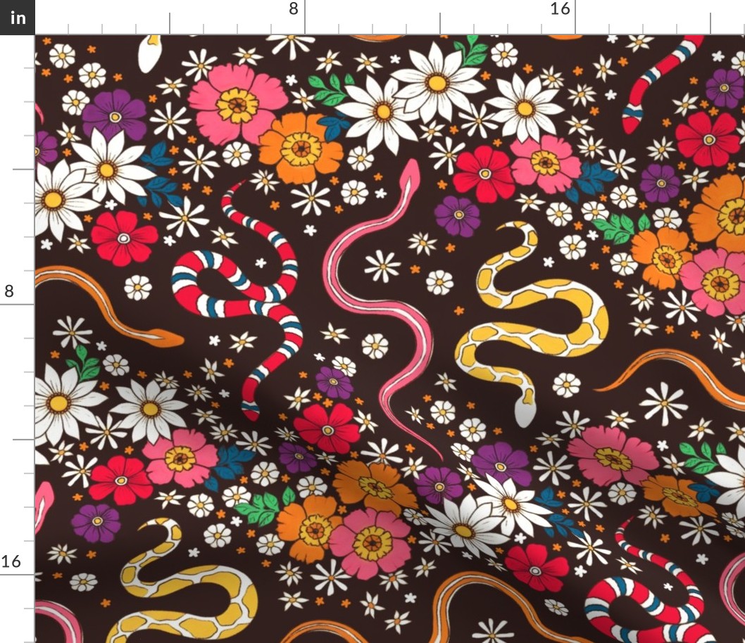 Slithering Serpents in Seventies Style Chintz - black