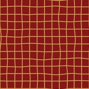 Christmas Whimsical Caramel Gold Grid Lines on deep red