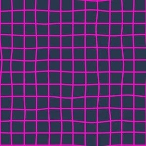 Whimsical Fuchsia Hot Pink Grid Lines on a muted dark navy blue background