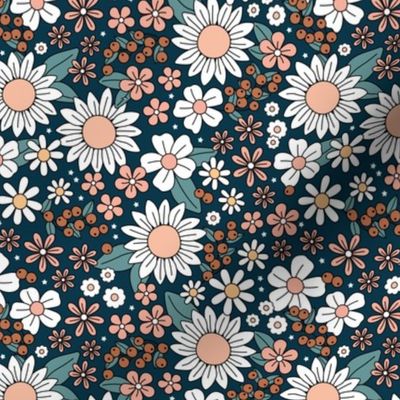 Christmas flower blossom - Seventies vintage ditsy flowers daisies sunflowers floral boho winter seasonal design teal rust blush neutral white on navy blue 