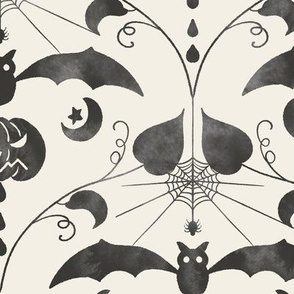 large watercolor halloween pumpkin with bat and spider damask in grey black