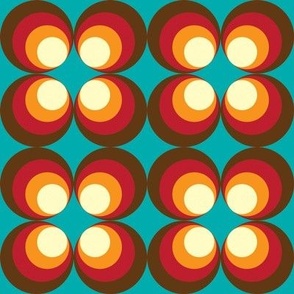 1970s Retro Flower Circles in Cream Orange Red Brown on Bright Blue