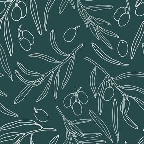White outline olives branches on green petrolio background