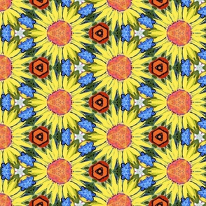 Brilliant Sunflowers and blue berries painted kaleidoscope 