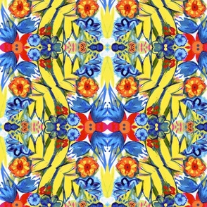 Yellow Ferns and Moths Kaleidoscope Folk Floral red blue