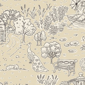 a serene summer escape: picnic on peacock island | toile de jouy | almond | large