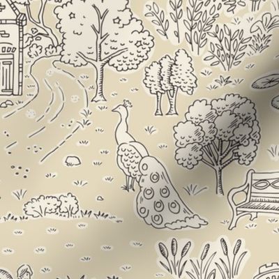 picnic on peacock island toile de jouy | almond | medium