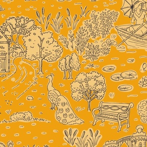 picnic on peacock island toile de jouy | marigold | large