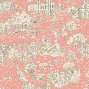 picnic on peacock island toile de jouy | sand on tangerine | medium