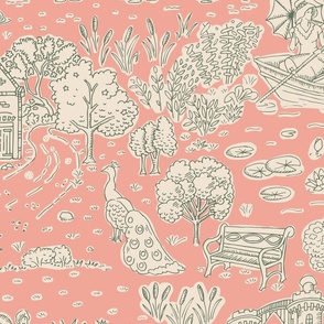 picnic on peacock island toile de jouy | sand on tangerine | large